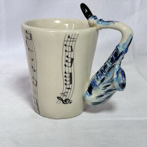 Saxophone Handle Coffee Mug Cup Blue Music Notes Ceramic ~ Made In Thailand~ VTG